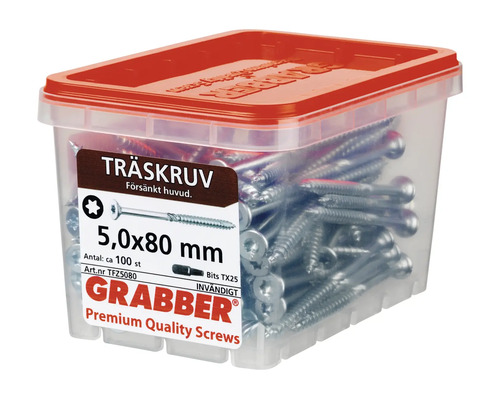 Skruvar 5,0x80 millimeter i transparent låda med rött lock