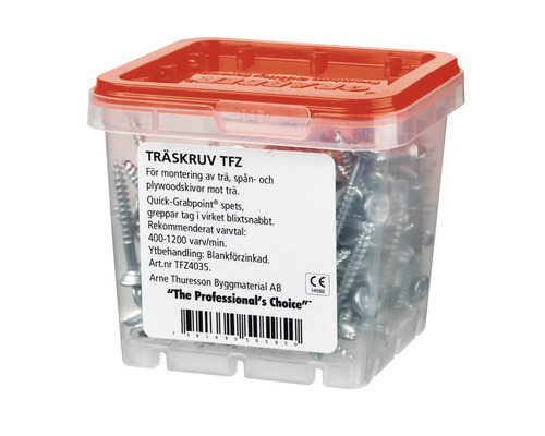 Träskruvar i genomskinlig plastlåda med rött lock