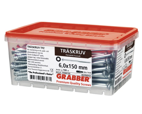 Skruvar i genomskinlig behållare med rött lock, storlek 6,0x150 millimeter