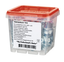 Träskruvar i transparent plastlåda med rött lock