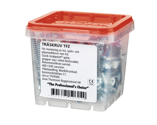 Träskruvar i transparent plastlåda med rött lock