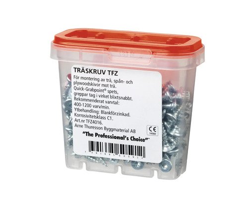 Träskruvar i genomskinlig plastlåda med rött lock