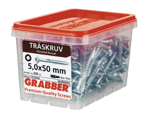 Träskruvar 5,0x50 millimeter i en transparent låda med rött lock