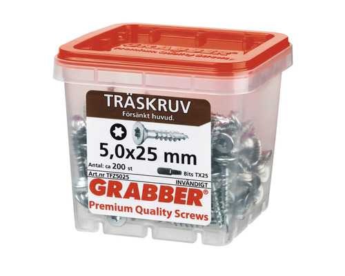 Grabber träskruvar 5,0x25 mm i transparent plastlåda med rött lock