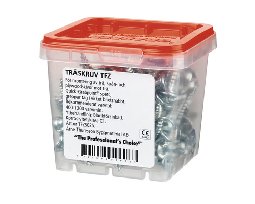 Träskruvar i transparent plastlåda med rött lock