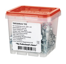Träskruvar i transparent plastlåda med rött lock