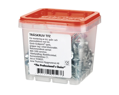 Träskruvar i transparent plastlåda med rött lock