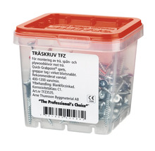 Träskruvar i transparent låda med rött lock
