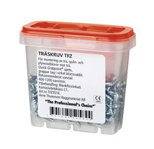Träskruvar i transparent plastlåda med rött lock