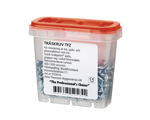 Träskruvar i transparent plastlåda med rött lock