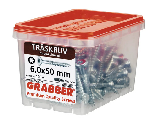 Grabber träskruvar 6,0x50 mm i transparent förvaringslåda med rött lock