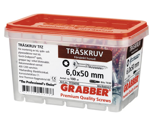 Träskruvar i transparent plastlåda med rött lock