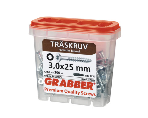 Grabber träskruvar 3,0x25 mm i transparent plastlåda med rött lock