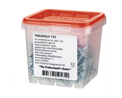 Träskruvar i transparent plastlåda med rött lock