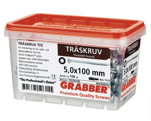 Träskruvar i transparent plastlåda med rött lock