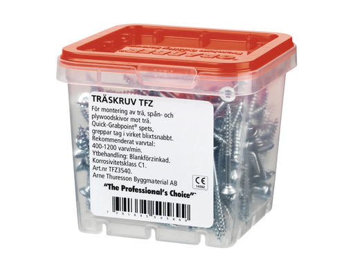 Träskruvar i transparent låda med rött lock