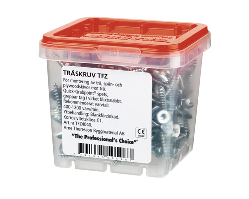 Träskruvar i transparent plastlåda med rött lock
