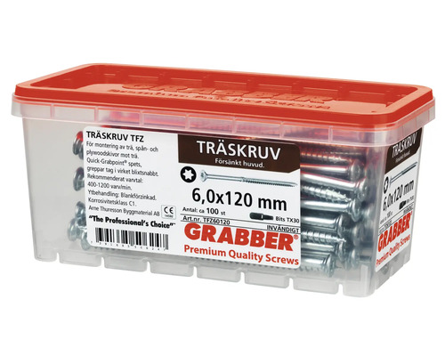 Skruvar i genomskinlig behållare med rött lock, 6,0x120 mm