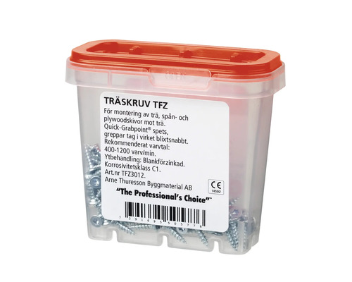 Träskruvar i transparent plastlåda med rött lock