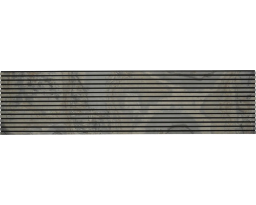 Väggpanel med trälameller och stenutseende