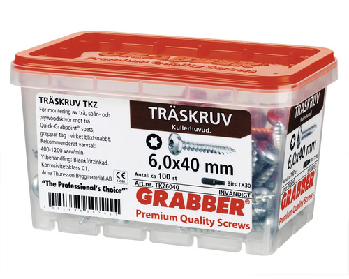 Träskruvar i transparent plastlåda med rött lock