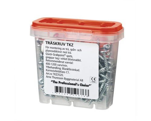 Träskruvar i transparent plastförpackning med rött lock