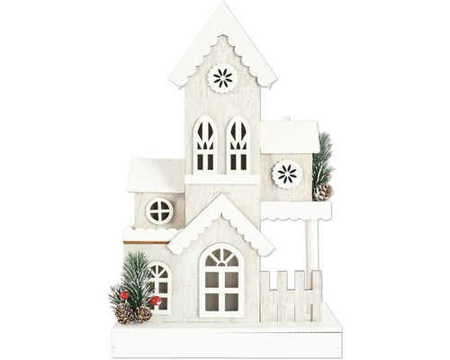 Dekorativ trähusfigur med fönster och staket