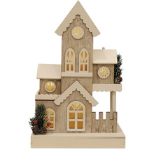 Dekorativt trähus med fönster och staket för julperioden