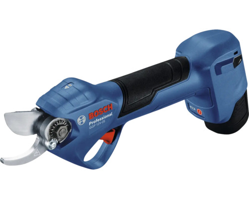 Bosch logotyp. Batteridriven trädgårdssax med skärverktyg.