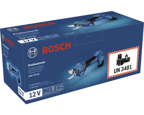 Bosch batteridriven trädgårdssax GGP 12V-25 i produktkartong