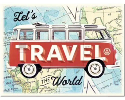 Dekorativ bild med texten Let''s Travel the World och en buss framför en världskarta