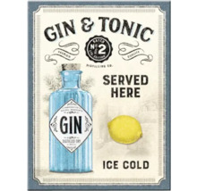Dekorativ illustration med gin och tonic-tema, inklusive en flaska gin och en citron.