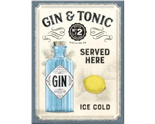 Dekorativ illustration med gin och tonic-tema, inklusive en flaska gin och en citron.