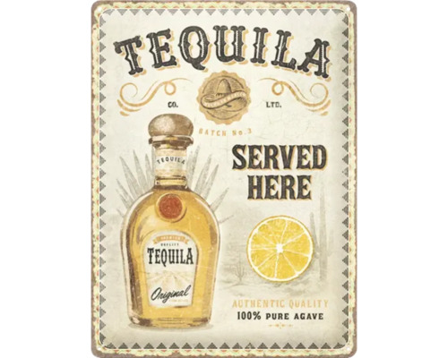 Dekorativ skylt med tequilaflaska, citron och text.