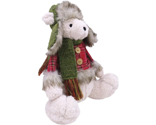 Dekorativ plyschfigur av ett sittande lamm med mössa och halsduk