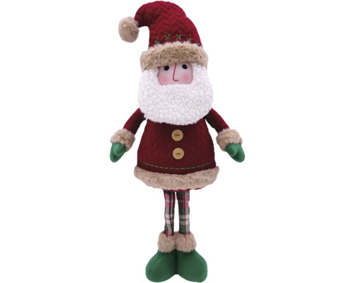 Dekorativ jultomtefigur med röd hatt, vitt skägg och grönrutiga byxor