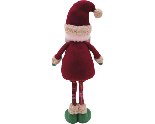 Bakifrån av en jultomte dekorationsfigur med röd kappa, rutiga byxor och hatt