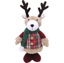 Dekorativ ren juldekoration med horn, halsduk och rutig skjorta