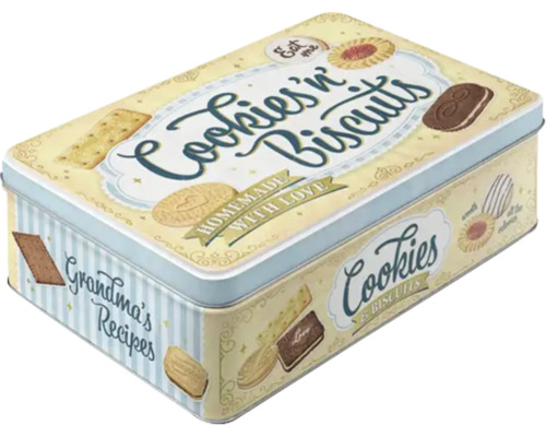 Dekorativ kakburk med texten Cookies''n Biscuits och mormors recept