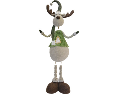 Dekorativ älg av tyg med mössa, halsduk och påsydd julgran
