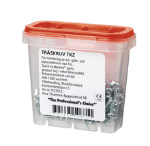 Träskruvar i transparent plastlåda med rött lock