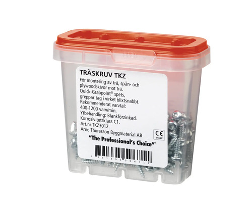 Träskruvar i transparent plastlåda med rött lock