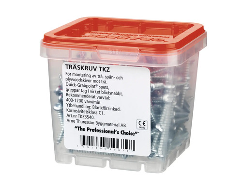 Träskruvar i transparent plastlåda med rött lock