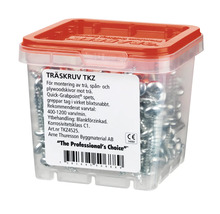Träskruvar i transparent plastlåda med rött lock