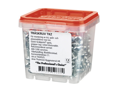 Träskruvar i transparent plastlåda med rött lock