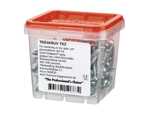 Träskruvar i transparent förpackning med rött lock