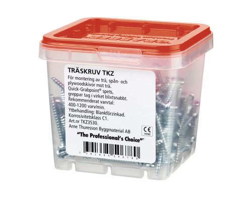 Träskruvar i genomskinlig låda med rött lock