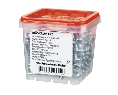 Träskruvar i genomskinlig plastlåda med rött lock