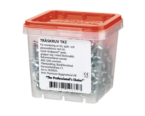 Träskruvar i transparent plastlåda med rött lock