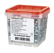 Träskruvar i genomskinlig plastlåda med rött lock